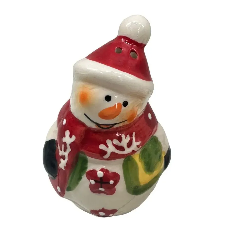 Snowman Salt and Pepper Shaker Set of 3 w/Tray Ceramic Christmas Holiday Decor